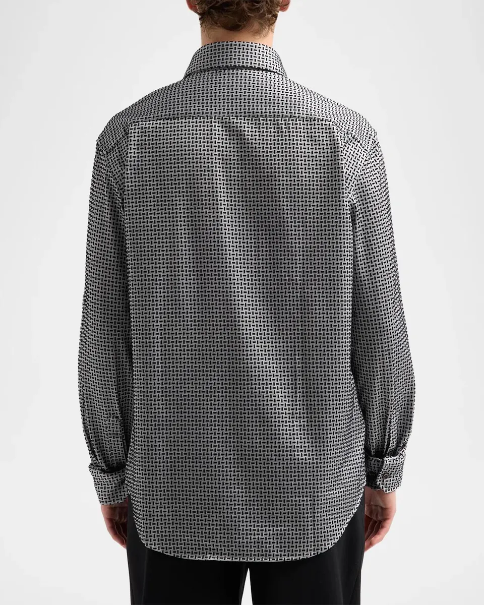 Giorgio Armani Men's Flocked Geo Stretch-Cotton Shirt | Thumbnail 3 Giorgio Armani Men's Flocked Geo Stretch-Cotton Shirt | Thumbnail 3