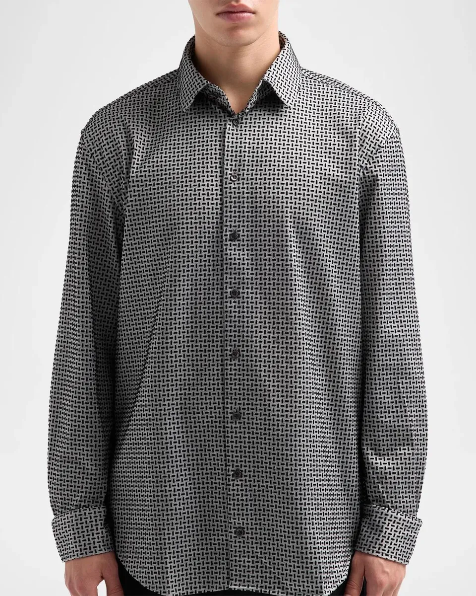 Giorgio Armani Men's Flocked Geo Stretch-Cotton Shirt | Thumbnail 4 Giorgio Armani Men's Flocked Geo Stretch-Cotton Shirt | Thumbnail 4