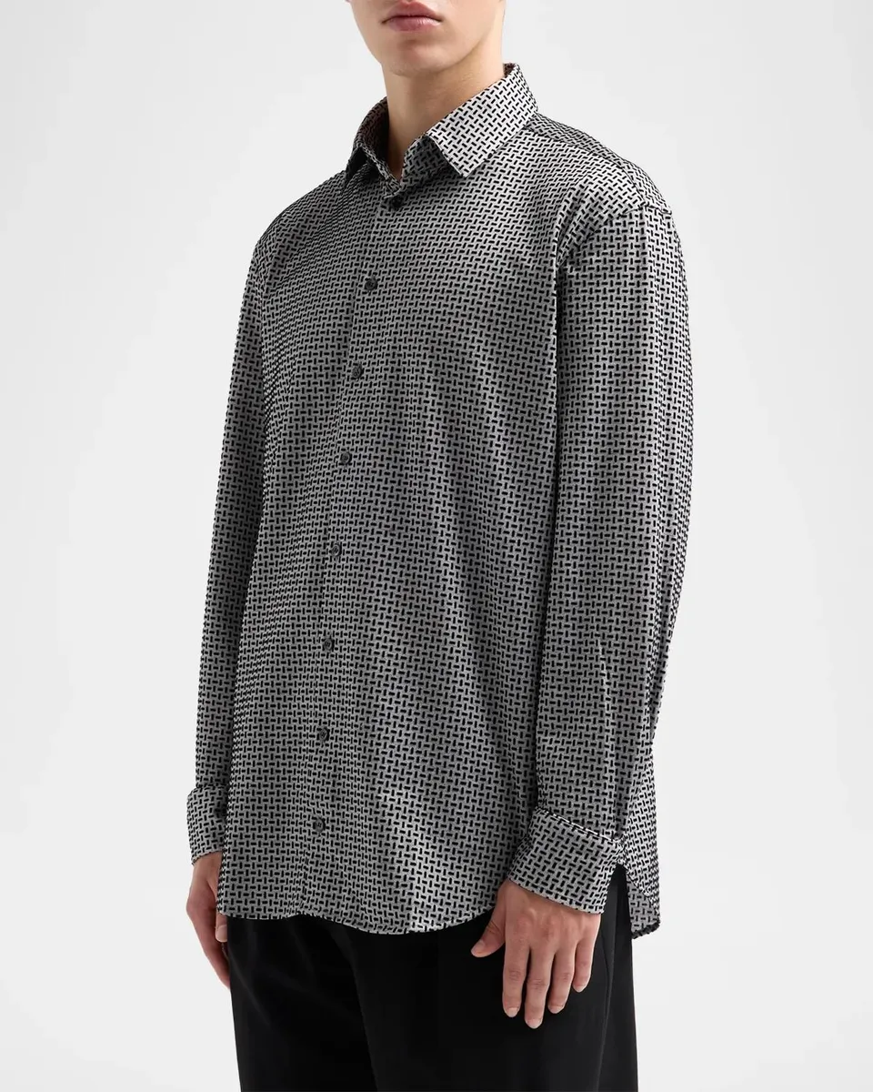 Giorgio Armani Men's Flocked Geo Stretch-Cotton Shirt | Thumbnail 5 Giorgio Armani Men's Flocked Geo Stretch-Cotton Shirt | Thumbnail 5