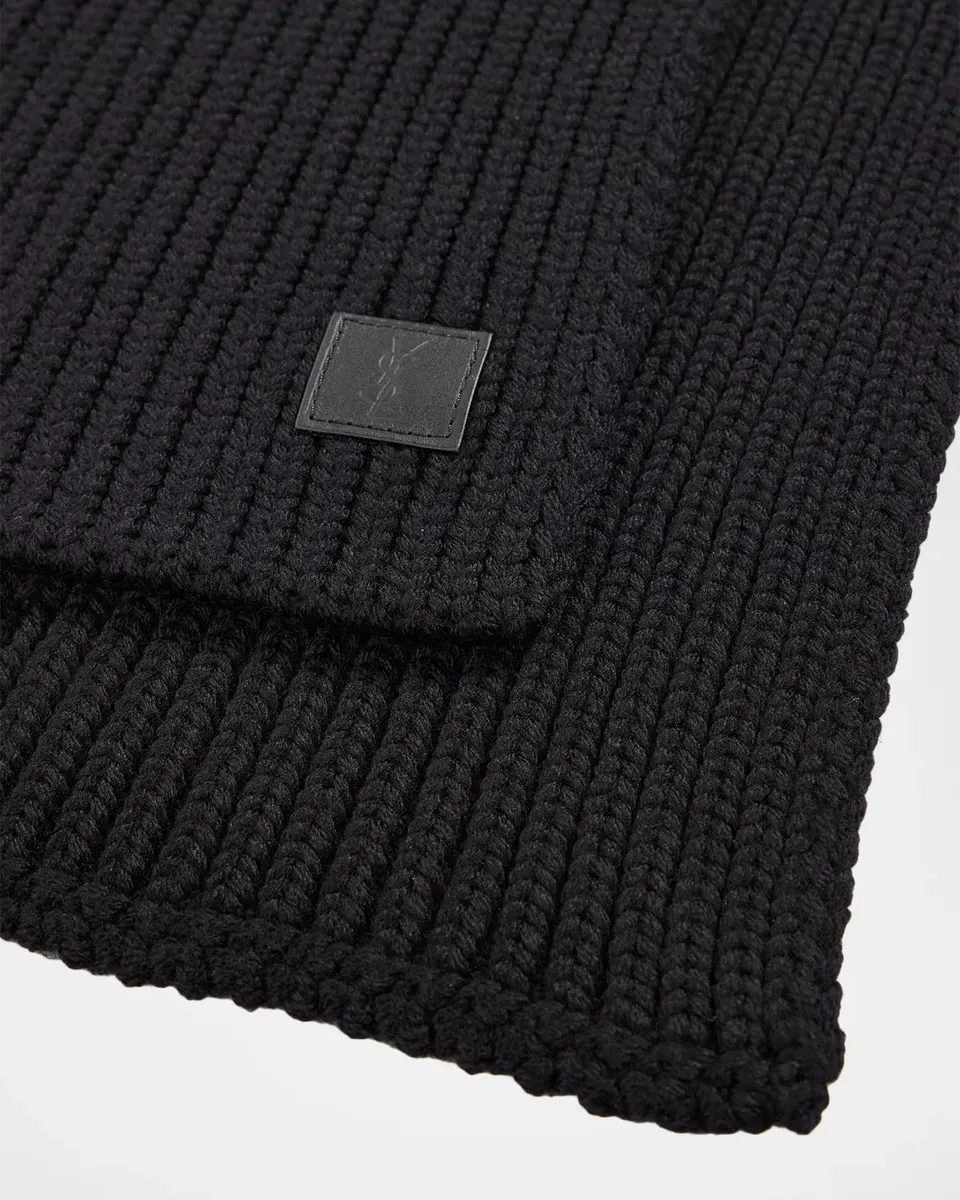 Saint Laurent Men's YSL-Patch Rib-Knit Scarf in Wool | Thumbnail 2 Saint Laurent Men's YSL-Patch Rib-Knit Scarf in Wool | Thumbnail 2