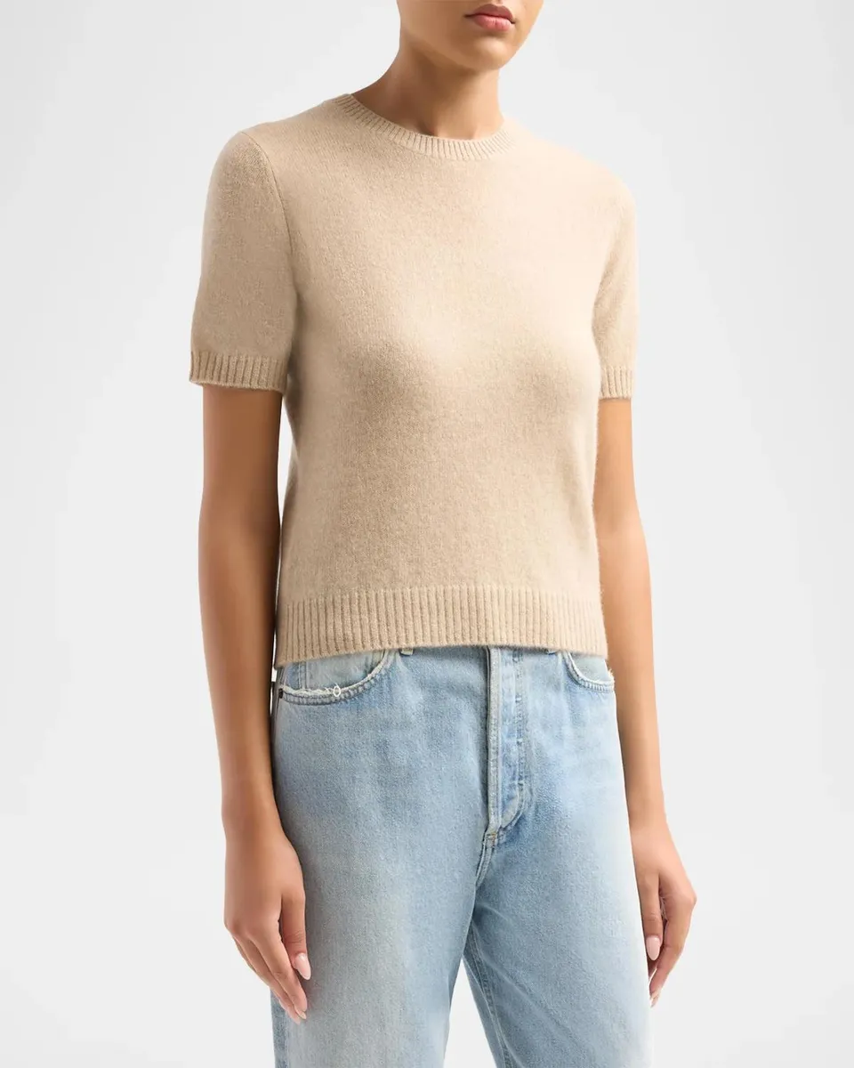 Neiman Marcus Cashmere Collection Basic Cashmere Shrunken Short-Sleeve Crewneck Sweater | Thumbnail 4