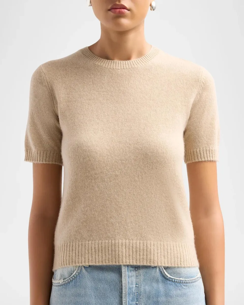 Neiman Marcus Cashmere Collection Basic Cashmere Shrunken Short-Sleeve Crewneck Sweater | Thumbnail 5