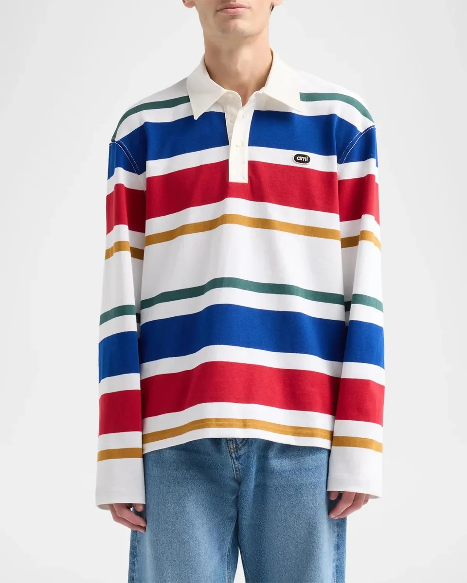 AMI PARIS Men's Ami Bouclette Oval Patch Stripe Polo | Thumbnail 4 AMI PARIS Men's Ami Bouclette Oval Patch Stripe Polo | Thumbnail 4