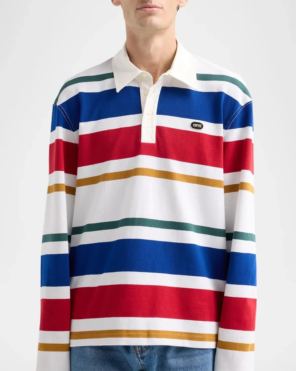 AMI PARIS Men's Ami Bouclette Oval Patch Stripe Polo | Thumbnail 5 AMI PARIS Men's Ami Bouclette Oval Patch Stripe Polo | Thumbnail 5