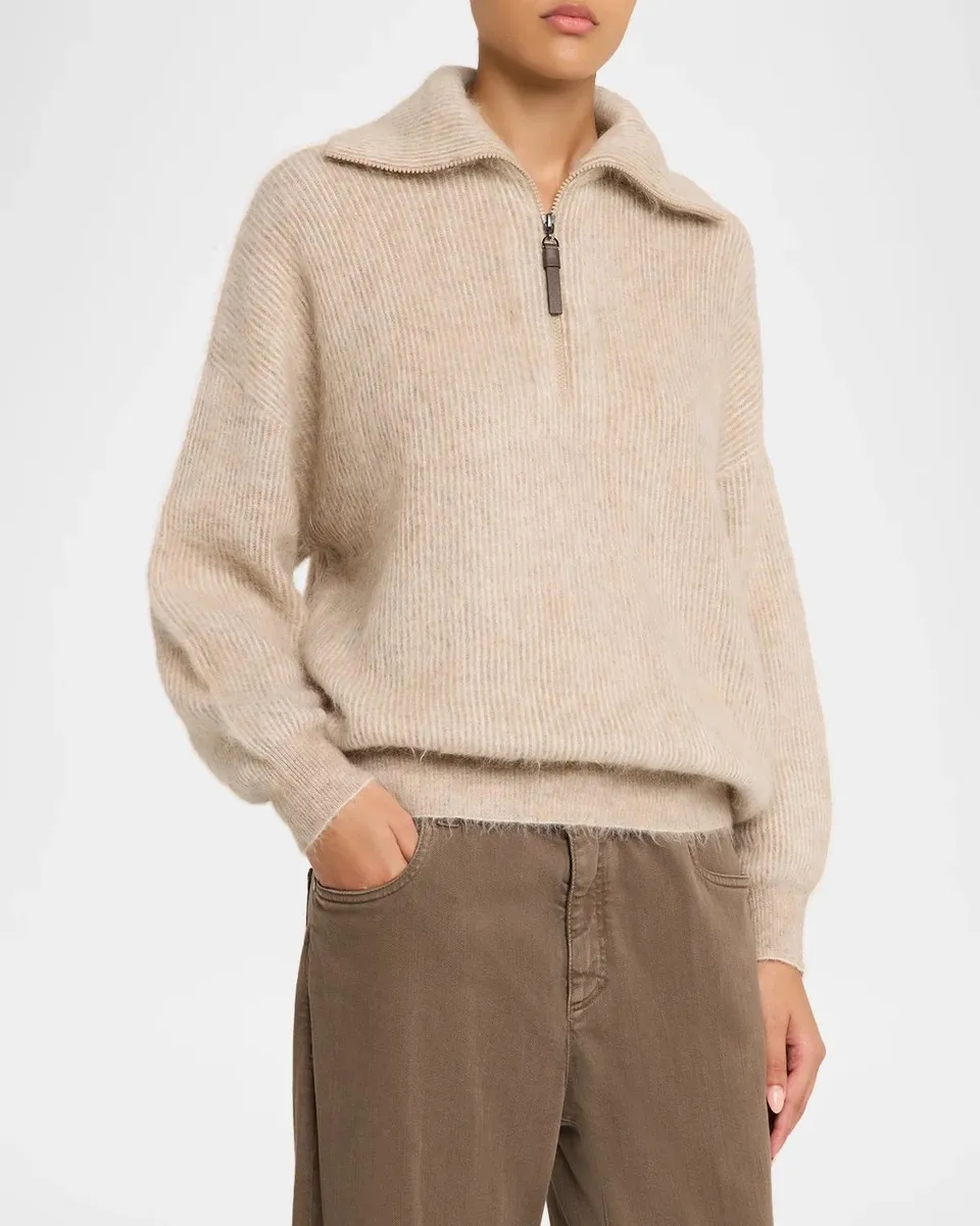 Brunello Cucinelli Vanise Wool English Rib Quarter-Zip Sweater | Thumbnail 4