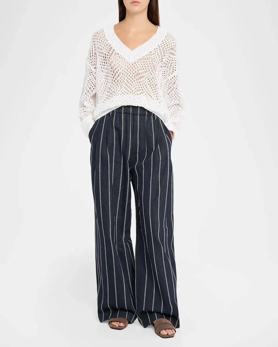 Brunello Cucinelli Linen Diamante Open-Knit V-Neck Sweater | Thumbnail 2