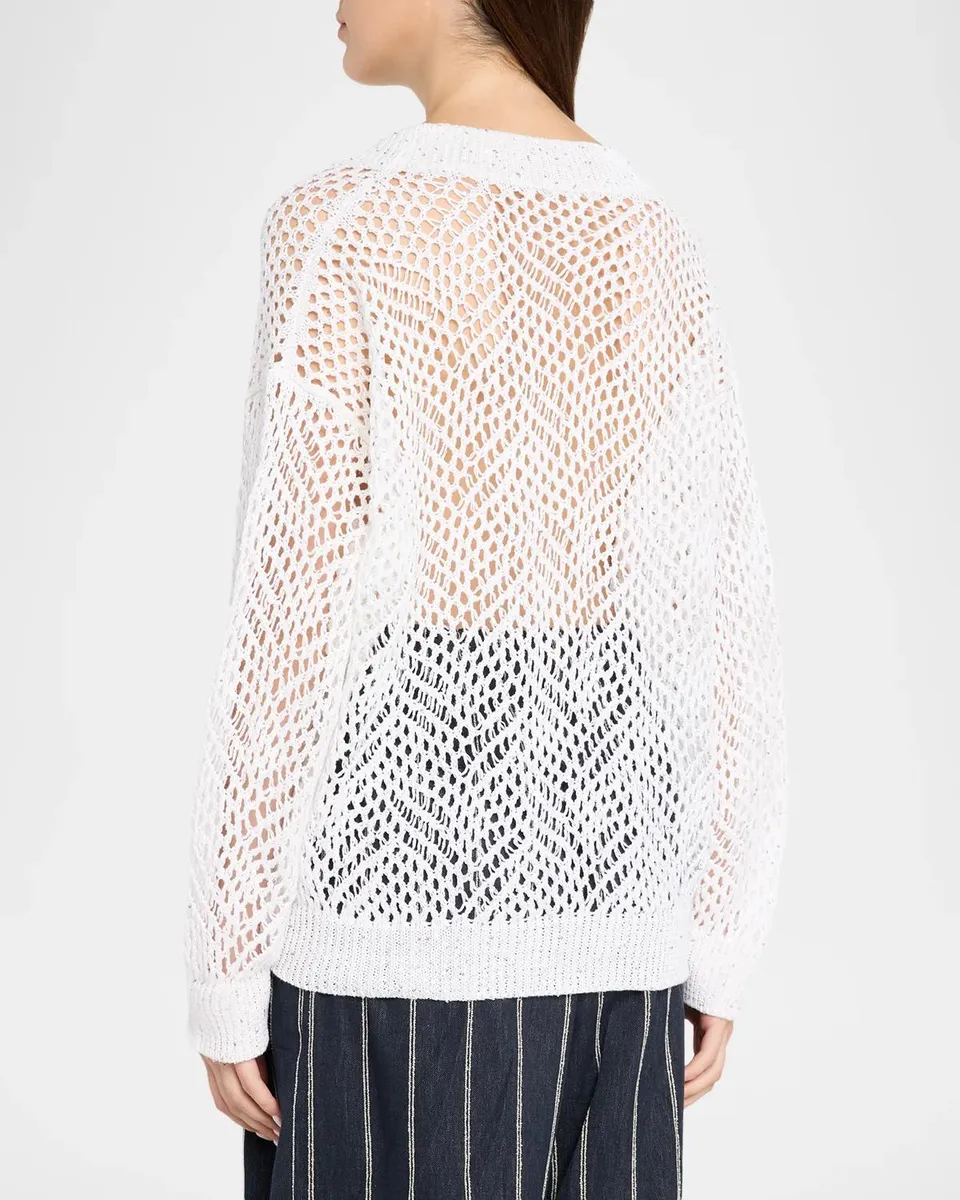 Brunello Cucinelli Linen Diamante Open-Knit V-Neck Sweater | Thumbnail 3