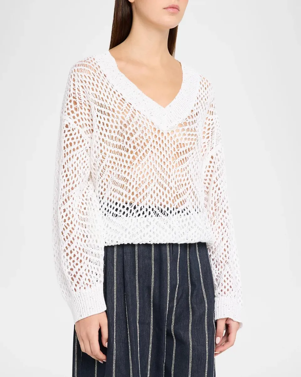 Brunello Cucinelli Linen Diamante Open-Knit V-Neck Sweater | Thumbnail 4
