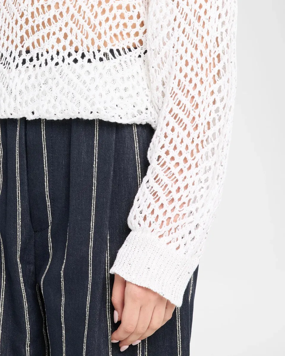 Brunello Cucinelli Linen Diamante Open-Knit V-Neck Sweater | Thumbnail 5