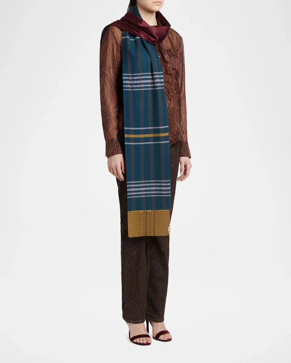 Etro Reversible Wool and Silk Scarf with Metallic Fringe | Thumbnail 2 Etro Reversible Wool and Silk Scarf with Metallic Fringe | Thumbnail 2