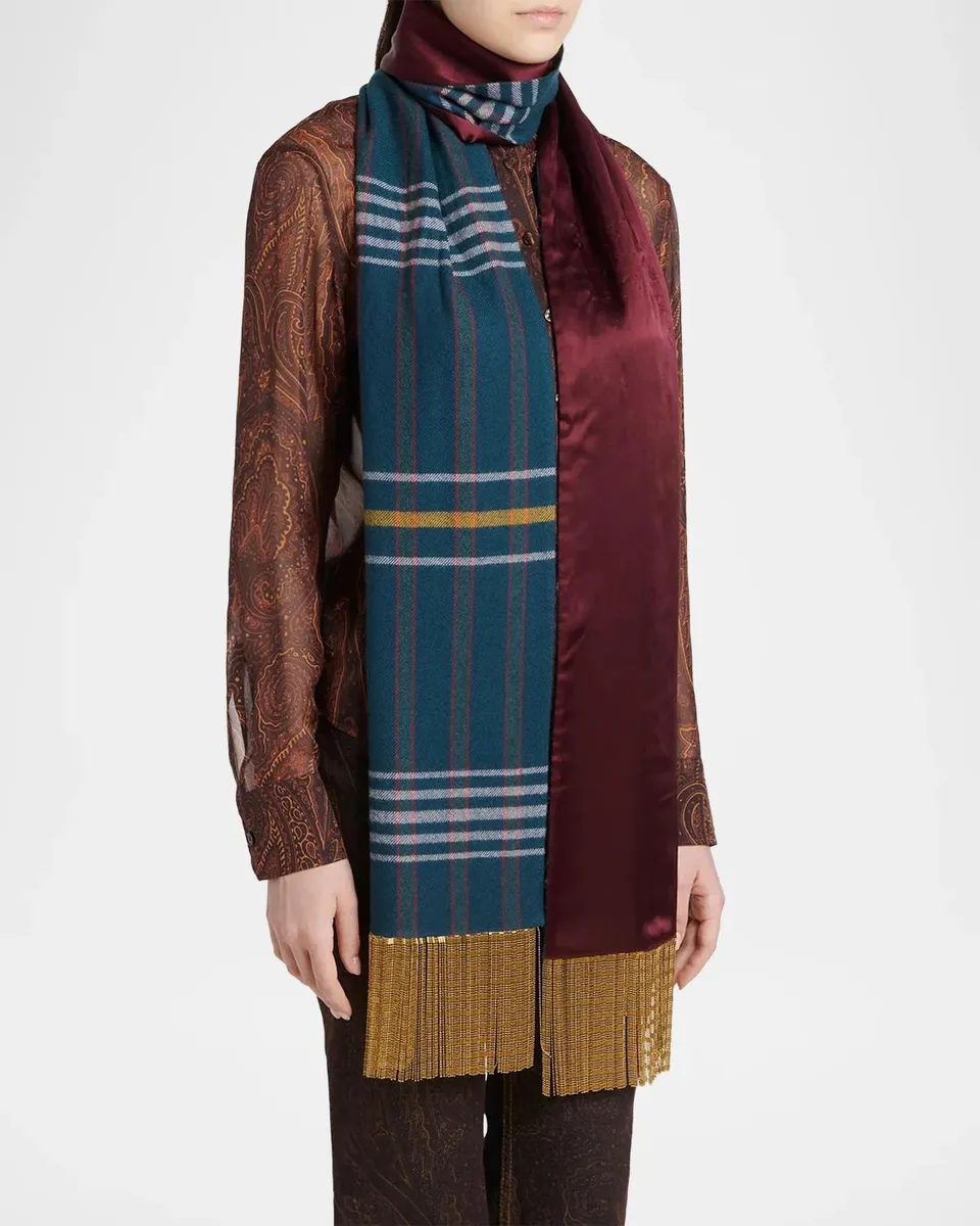 Etro Reversible Wool and Silk Scarf with Metallic Fringe | Thumbnail 3 Etro Reversible Wool and Silk Scarf with Metallic Fringe | Thumbnail 3