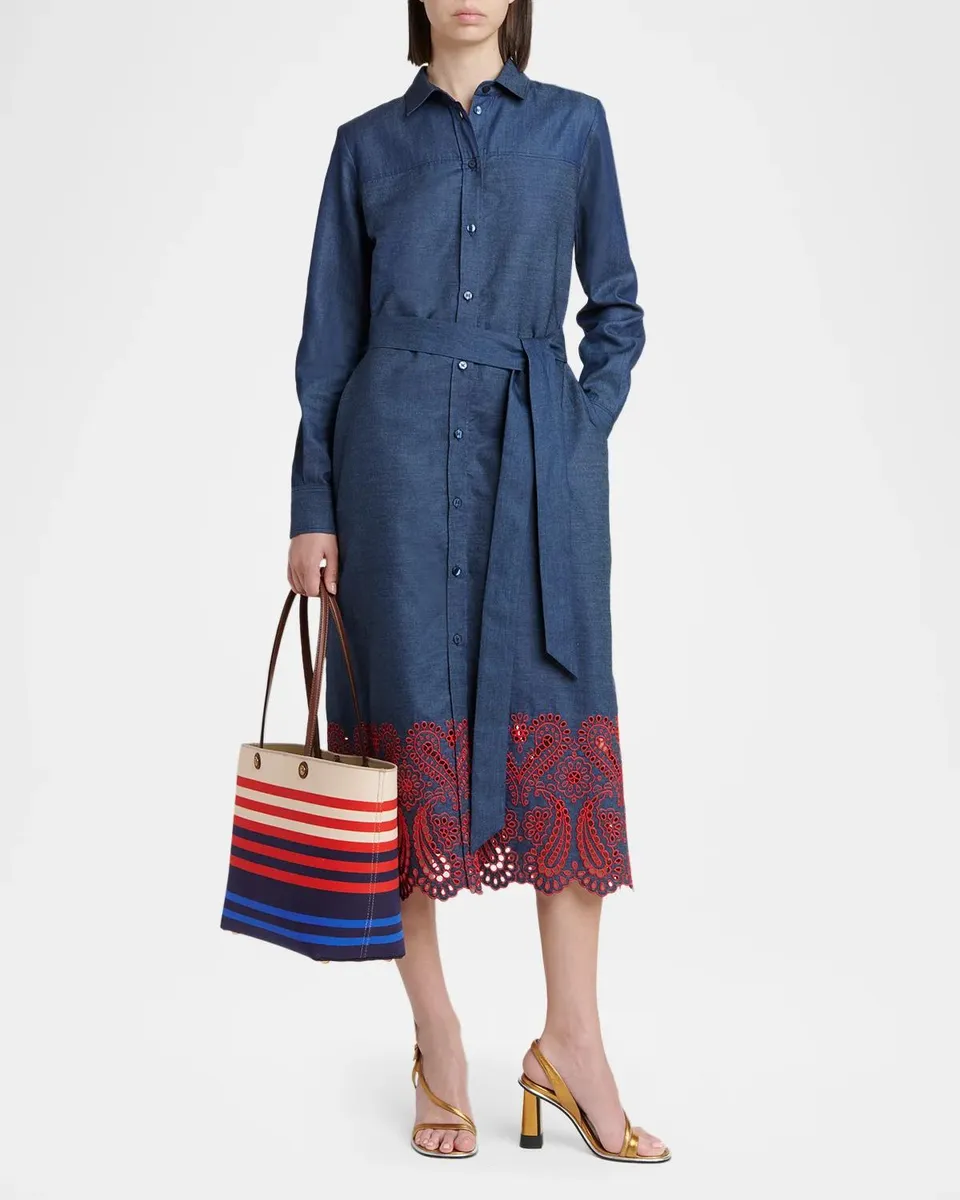 Etro Eyelet Embroidered Chambray Long-Sleeve Belted Midi Shirtdress | Thumbnail 2 Etro Eyelet Embroidered Chambray Long-Sleeve Belted Midi Shirtdress | Thumbnail 2