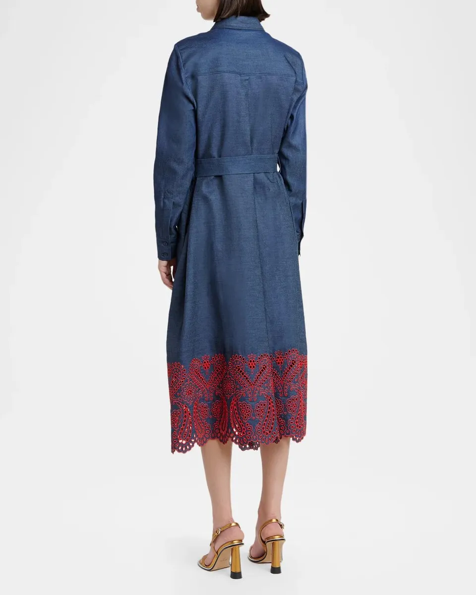 Etro Eyelet Embroidered Chambray Long-Sleeve Belted Midi Shirtdress | Thumbnail 3 Etro Eyelet Embroidered Chambray Long-Sleeve Belted Midi Shirtdress | Thumbnail 3