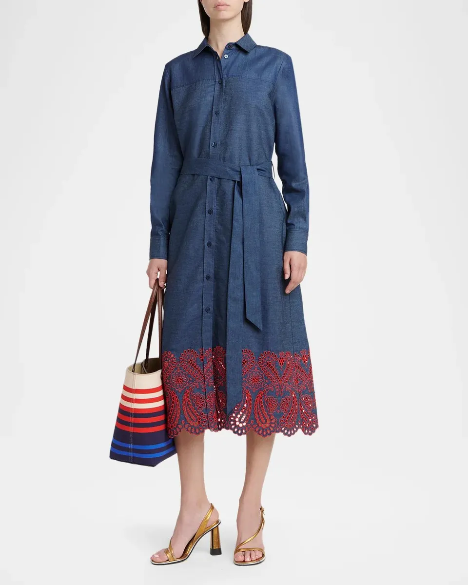 Etro Eyelet Embroidered Chambray Long-Sleeve Belted Midi Shirtdress | Thumbnail 4 Etro Eyelet Embroidered Chambray Long-Sleeve Belted Midi Shirtdress | Thumbnail 4