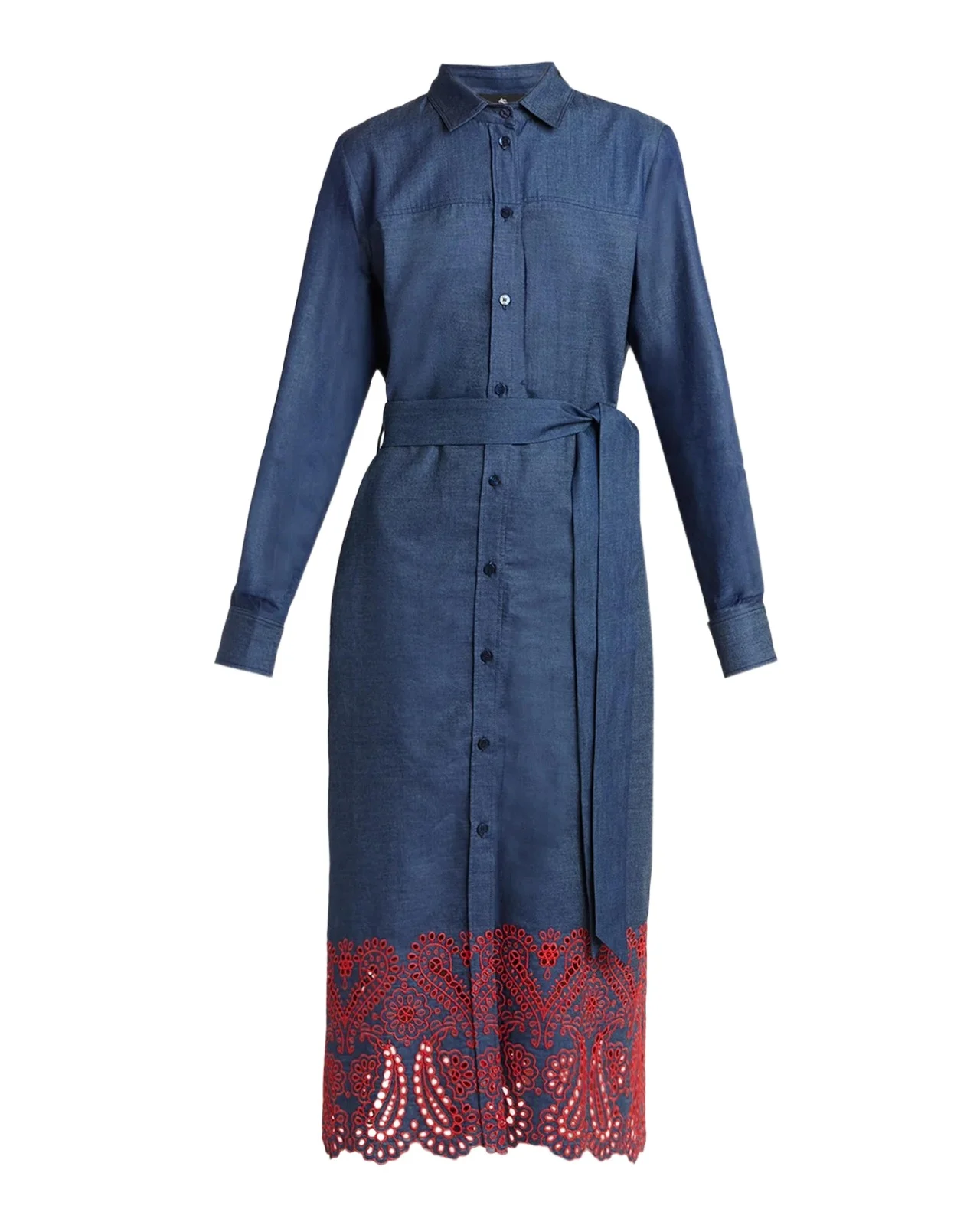 Etro Eyelet Embroidered Chambray Long-Sleeve Belted Midi Shirtdress