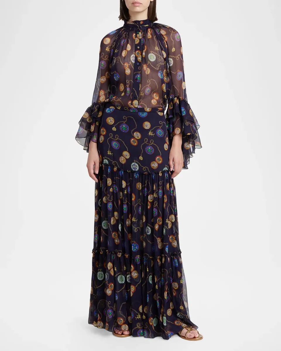 Etro Nautical-Print Silk Chiffon Ruffled Button-Down Shirt | Thumbnail 2 Etro Nautical-Print Silk Chiffon Ruffled Button-Down Shirt | Thumbnail 2