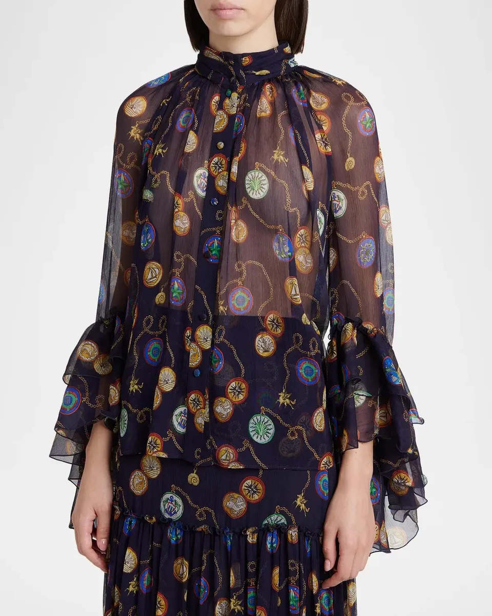 Etro Nautical-Print Silk Chiffon Ruffled Button-Down Shirt | Thumbnail 4 Etro Nautical-Print Silk Chiffon Ruffled Button-Down Shirt | Thumbnail 4