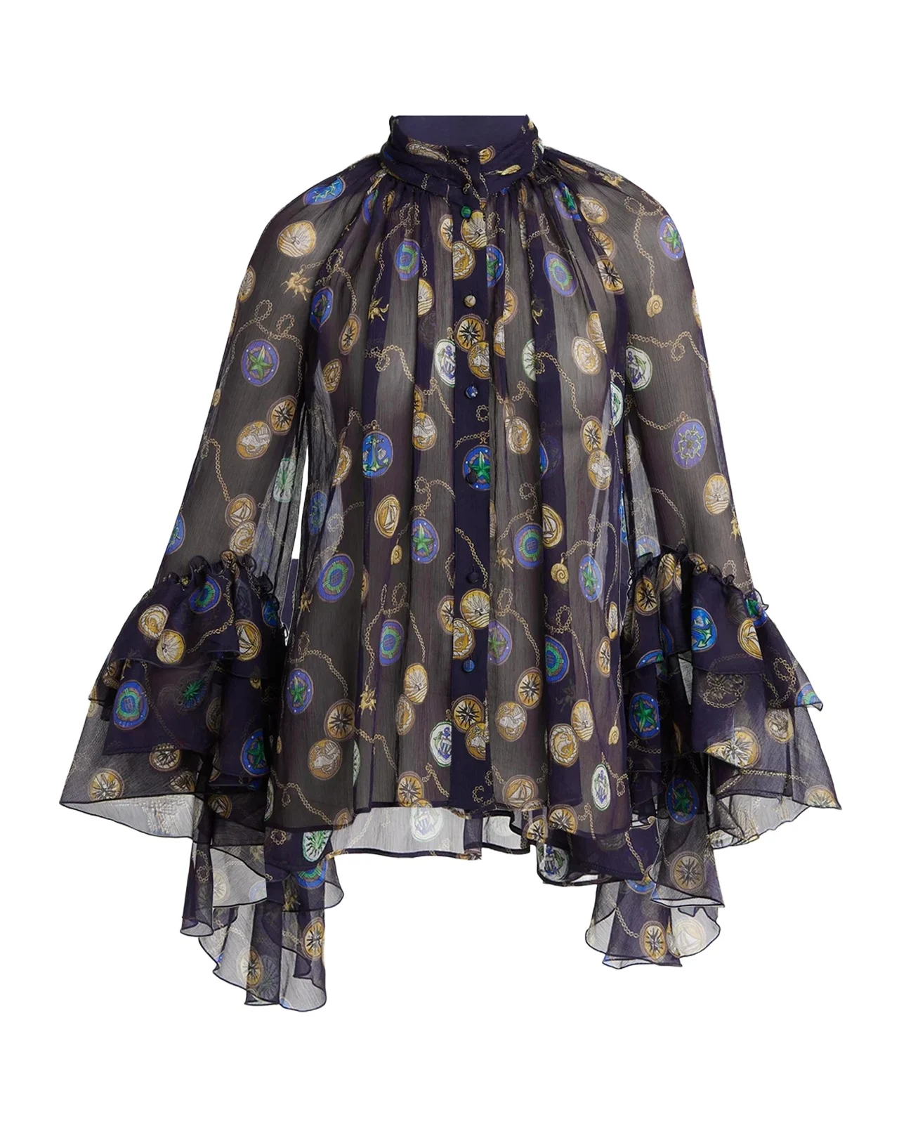 Nautical-Print Silk Chiffon Ruffled Button-Down Shirt Nautical-Print Silk Chiffon Ruffled Button-Down Shirt