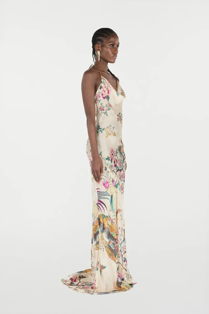 Roberto Cavalli Extra-Long Pure Silk Dress With Oriental Bird Print | Thumbnail 2 Roberto Cavalli Extra-Long Pure Silk Dress With Oriental Bird Print | Thumbnail 2