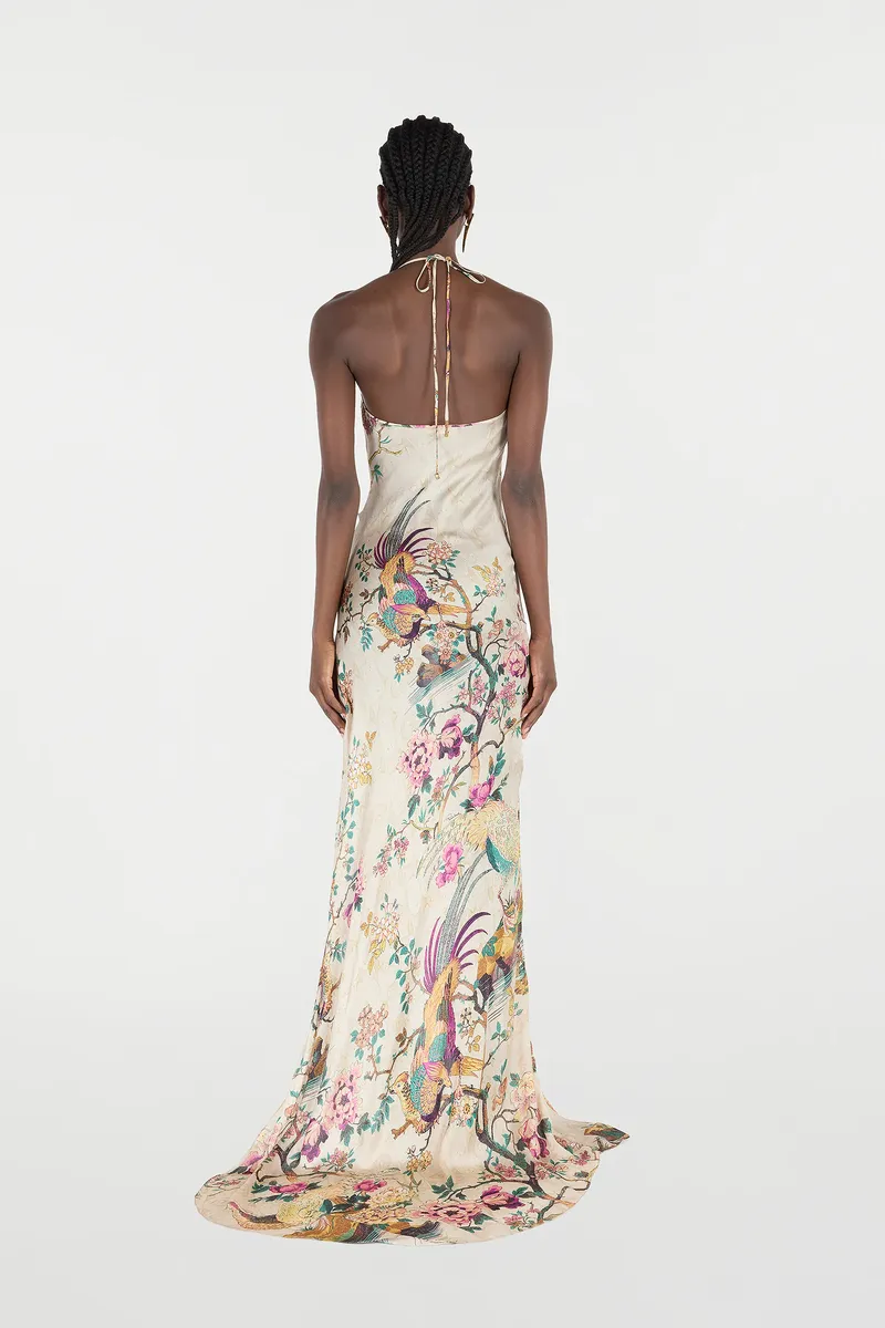 Roberto Cavalli Extra-Long Pure Silk Dress With Oriental Bird Print | Thumbnail 3 Roberto Cavalli Extra-Long Pure Silk Dress With Oriental Bird Print | Thumbnail 3