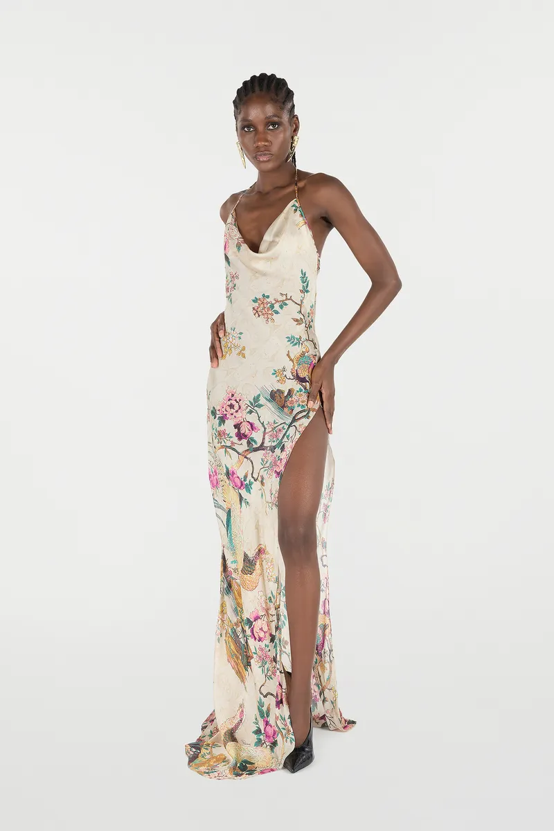 Roberto Cavalli Extra-Long Pure Silk Dress With Oriental Bird Print | Thumbnail 7 Roberto Cavalli Extra-Long Pure Silk Dress With Oriental Bird Print | Thumbnail 7