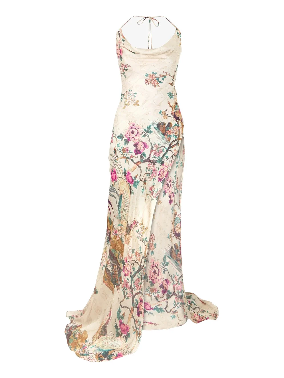 Roberto Cavalli Extra-Long Pure Silk Dress With Oriental Bird Print