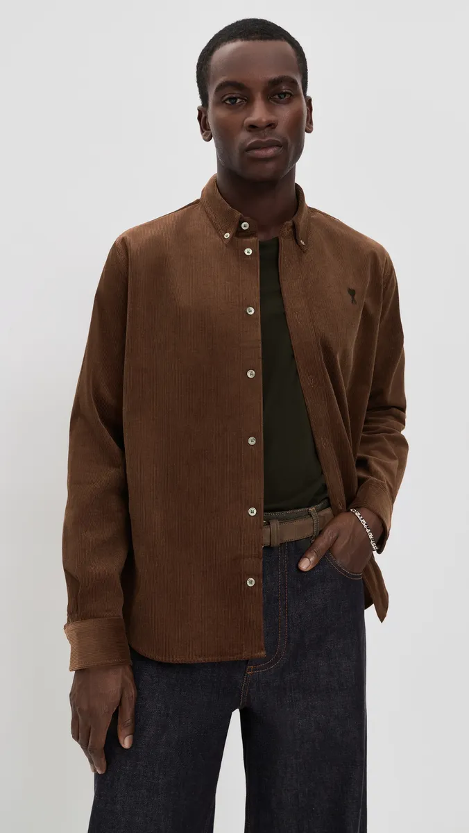 AMI Quota Contrasted Corduroy De Coeur Button Down Shirt | Thumbnail 2