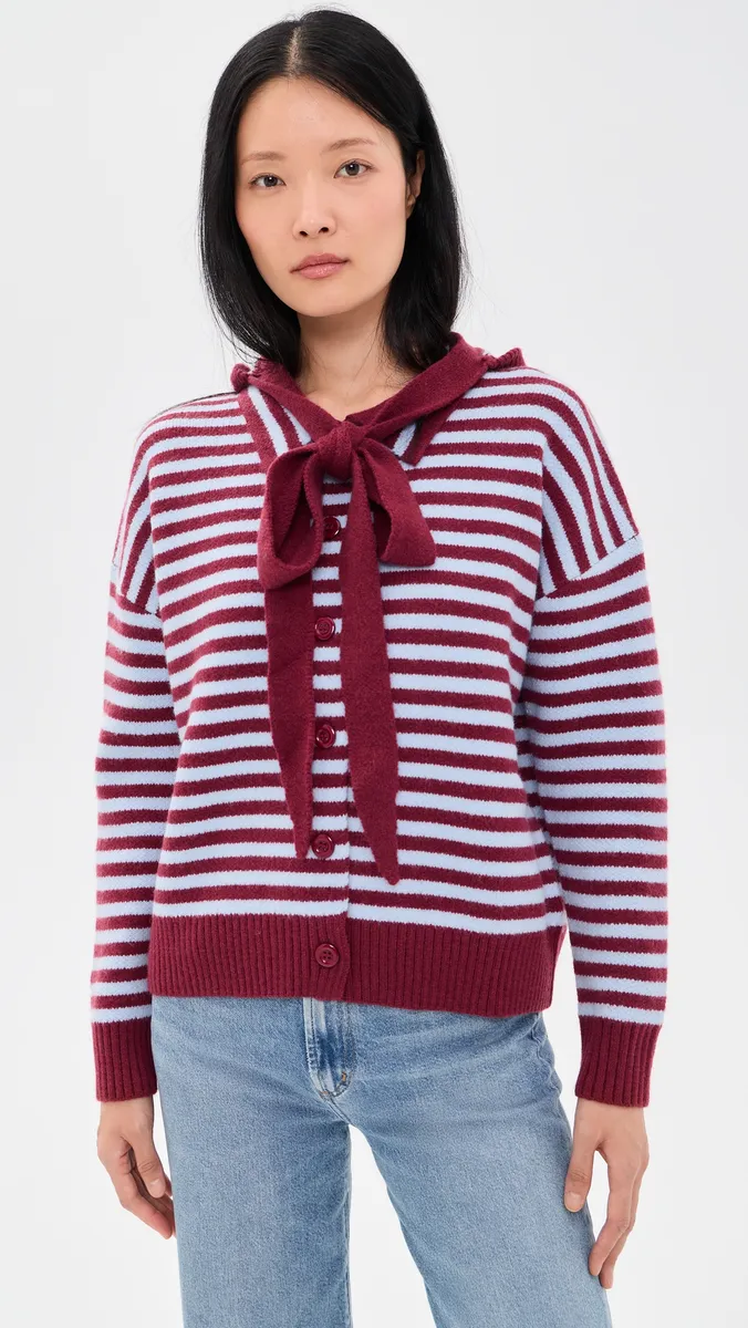 Another Girl Stripe Knit Cardigan with Bonnet Blue/Burgundy | Thumbnail 2 Another Girl Stripe Knit Cardigan with Bonnet Blue/Burgundy | Thumbnail 2