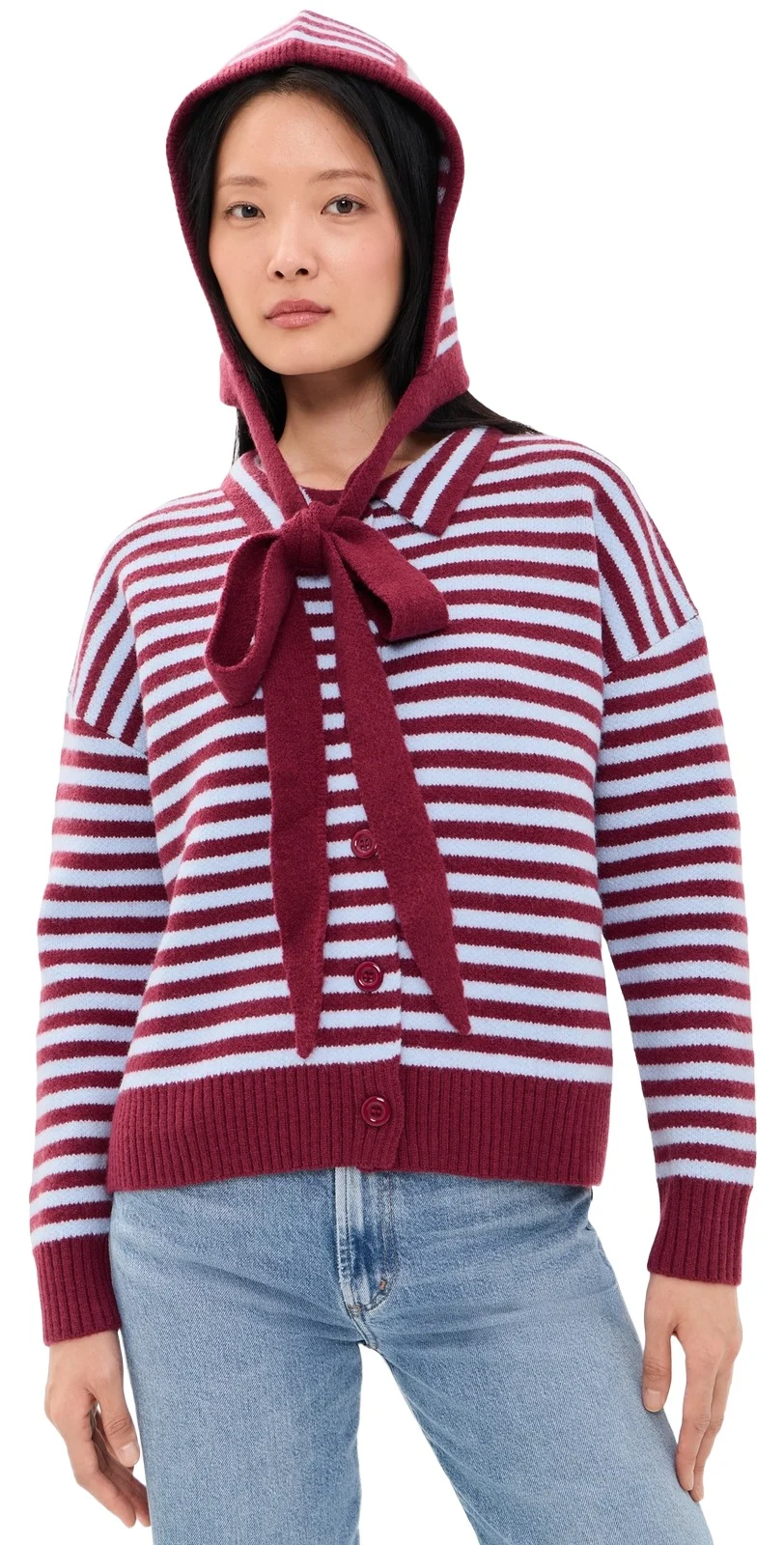 Another Girl Stripe Knit Cardigan with Bonnet Blue/Burgundy