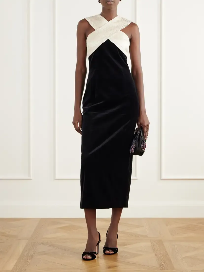 Posse Florian Embroidered Satin-trimmed Cotton-velvet Midi Dress | Thumbnail 2 Posse Florian Embroidered Satin-trimmed Cotton-velvet Midi Dress | Thumbnail 2