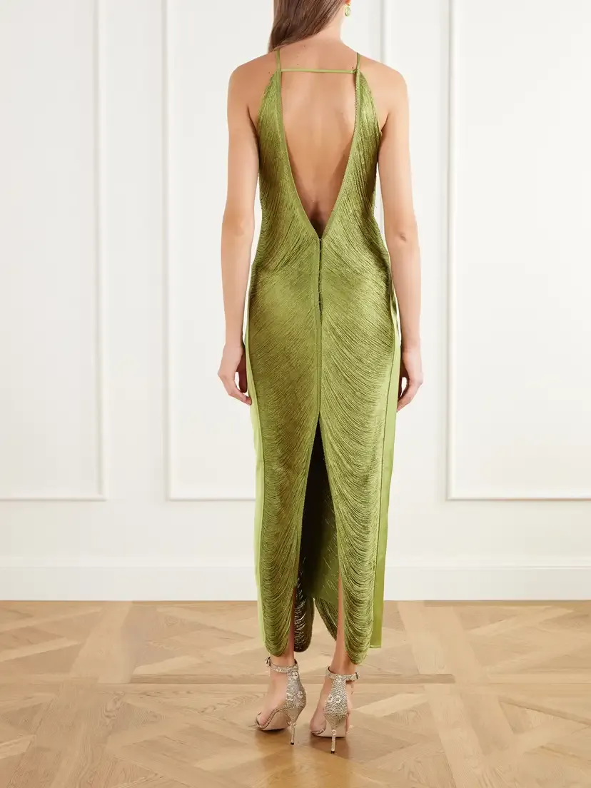 Cult Gaia Renata Fringed And Satin Halterneck Gown | Thumbnail 3 Cult Gaia Renata Fringed And Satin Halterneck Gown | Thumbnail 3