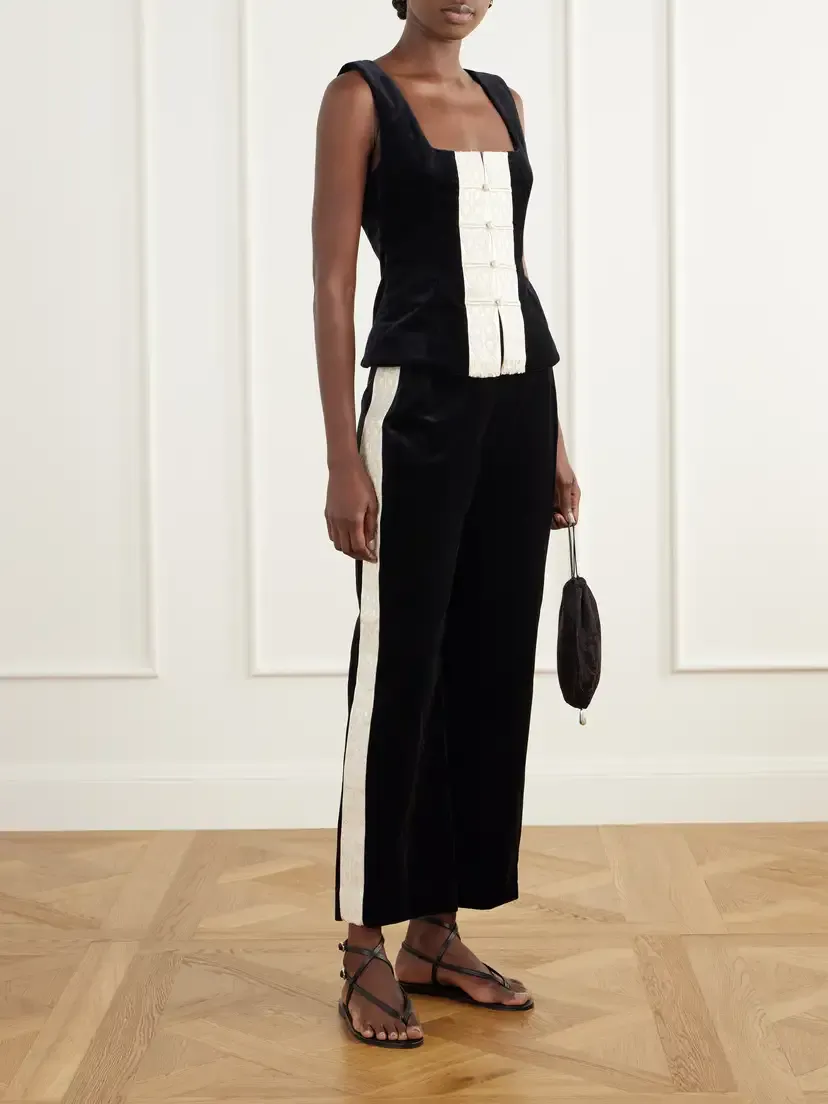 Posse Florian Cropped Embroidered Satin-trimmed Cotton-velvet Straight-leg Pants | Thumbnail 2 Posse Florian Cropped Embroidered Satin-trimmed Cotton-velvet Straight-leg Pants | Thumbnail 2