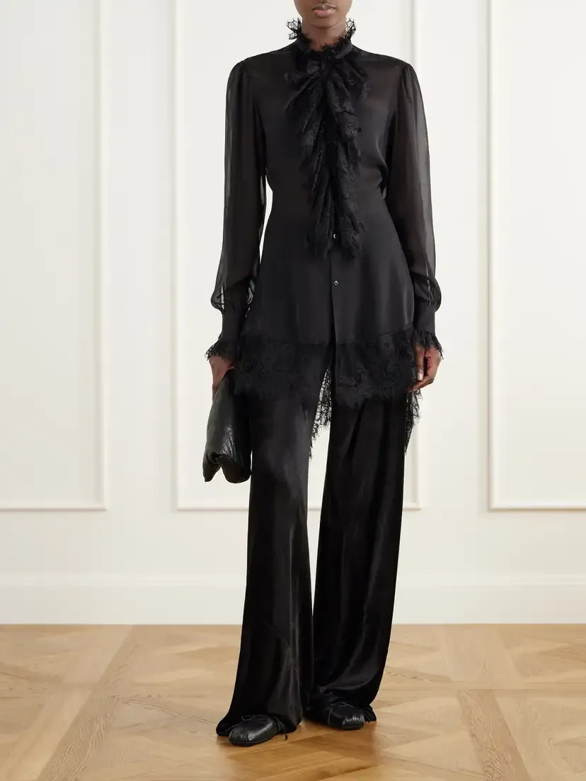 Ann Demeulemeester Barah Ruffled Lace-trimmed Silk-chiffon Blouse | Thumbnail 2 Ann Demeulemeester Barah Ruffled Lace-trimmed Silk-chiffon Blouse | Thumbnail 2