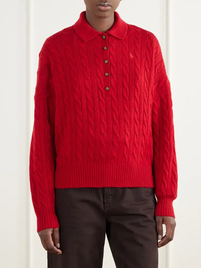 Polo Ralph Lauren Logo-embroidered Cable-knit Wool And Cashmere-blend Polo Sweater | Thumbnail 3 Polo Ralph Lauren Logo-embroidered Cable-knit Wool And Cashmere-blend Polo Sweater | Thumbnail 3