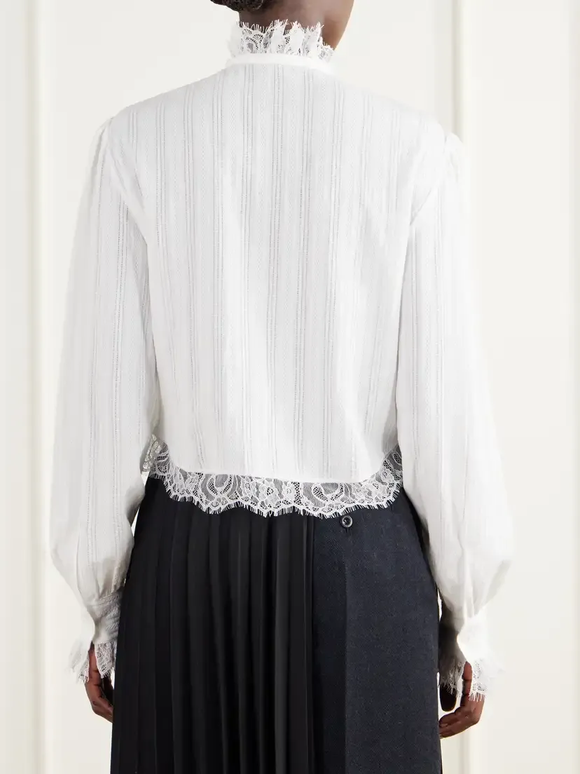 Ann Demeulemeester Freda Cropped Ruffled Lace-trimmed Openwork Cotton-jacquard Blouse | Thumbnail 3
