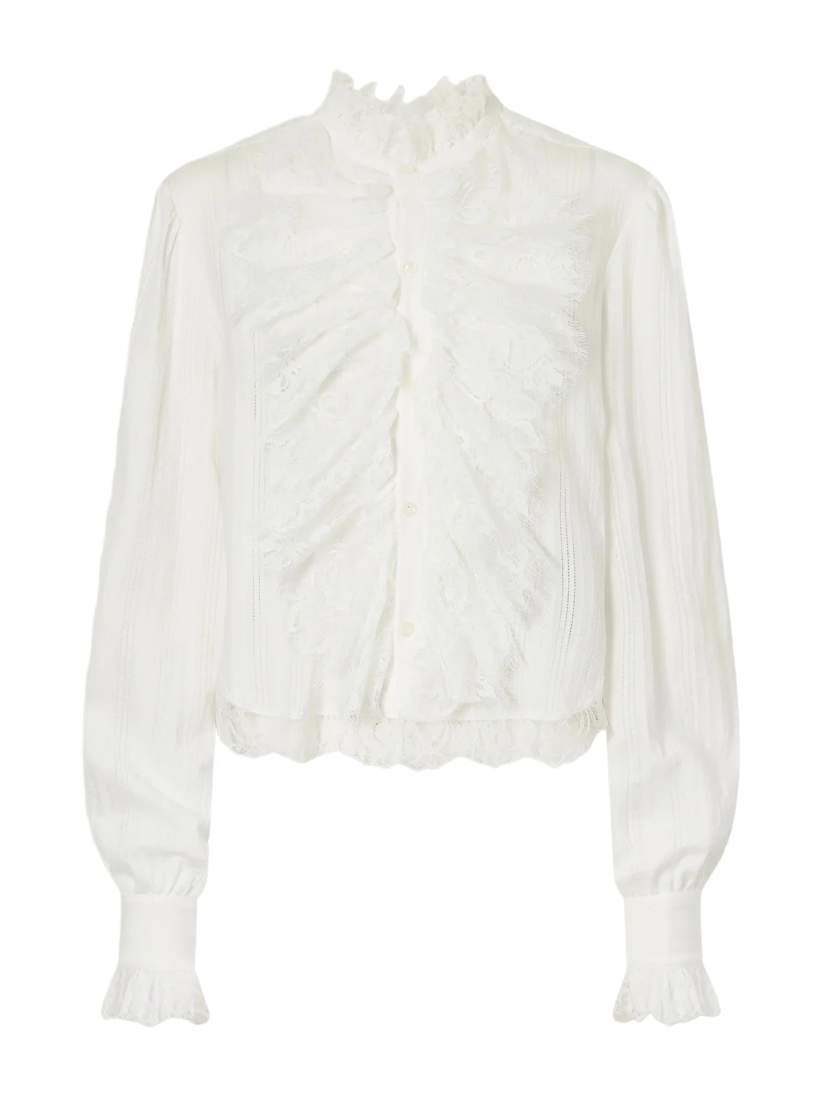 Freda Cropped Ruffled Lace-trimmed Openwork Cotton-jacquard Blouse Freda Cropped Ruffled Lace-trimmed Openwork Cotton-jacquard Blouse