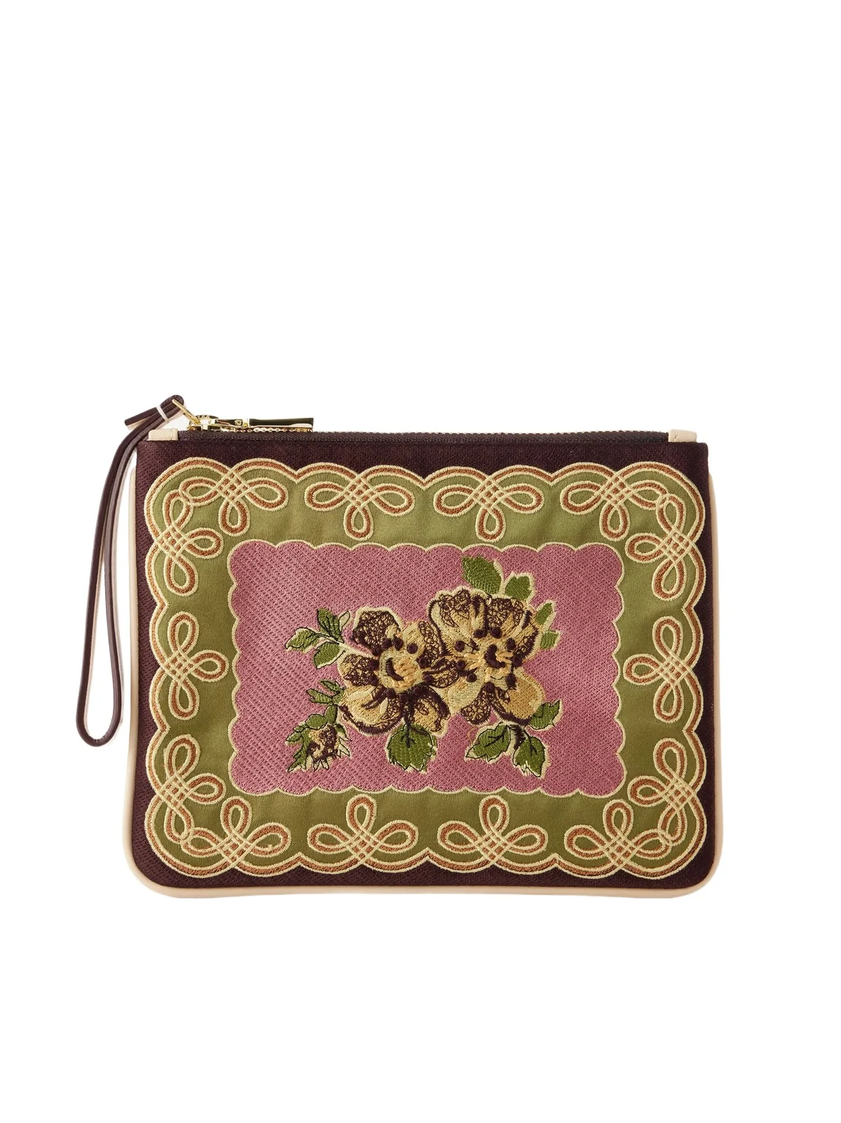 ALÉMAIS Lacey Embroidered Leather-trimmed Satin Clutch
