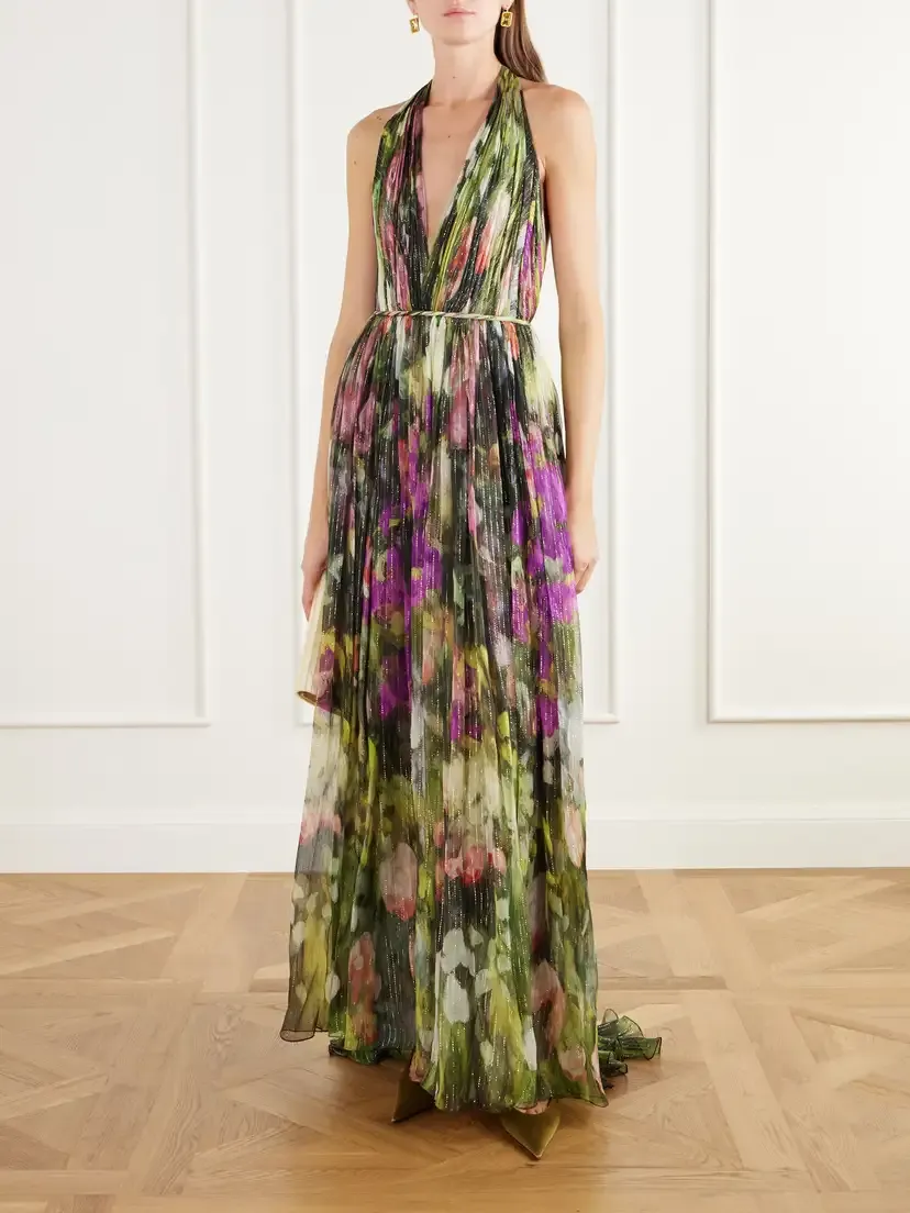 Oscar de la Renta Belted Tie-detailed Floral-print Silk-blend Chiffon Halterneck Gown | Thumbnail 2 Oscar de la Renta Belted Tie-detailed Floral-print Silk-blend Chiffon Halterneck Gown | Thumbnail 2