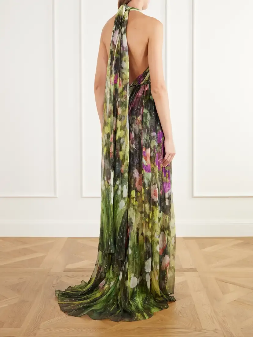 Oscar de la Renta Belted Tie-detailed Floral-print Silk-blend Chiffon Halterneck Gown | Thumbnail 3 Oscar de la Renta Belted Tie-detailed Floral-print Silk-blend Chiffon Halterneck Gown | Thumbnail 3