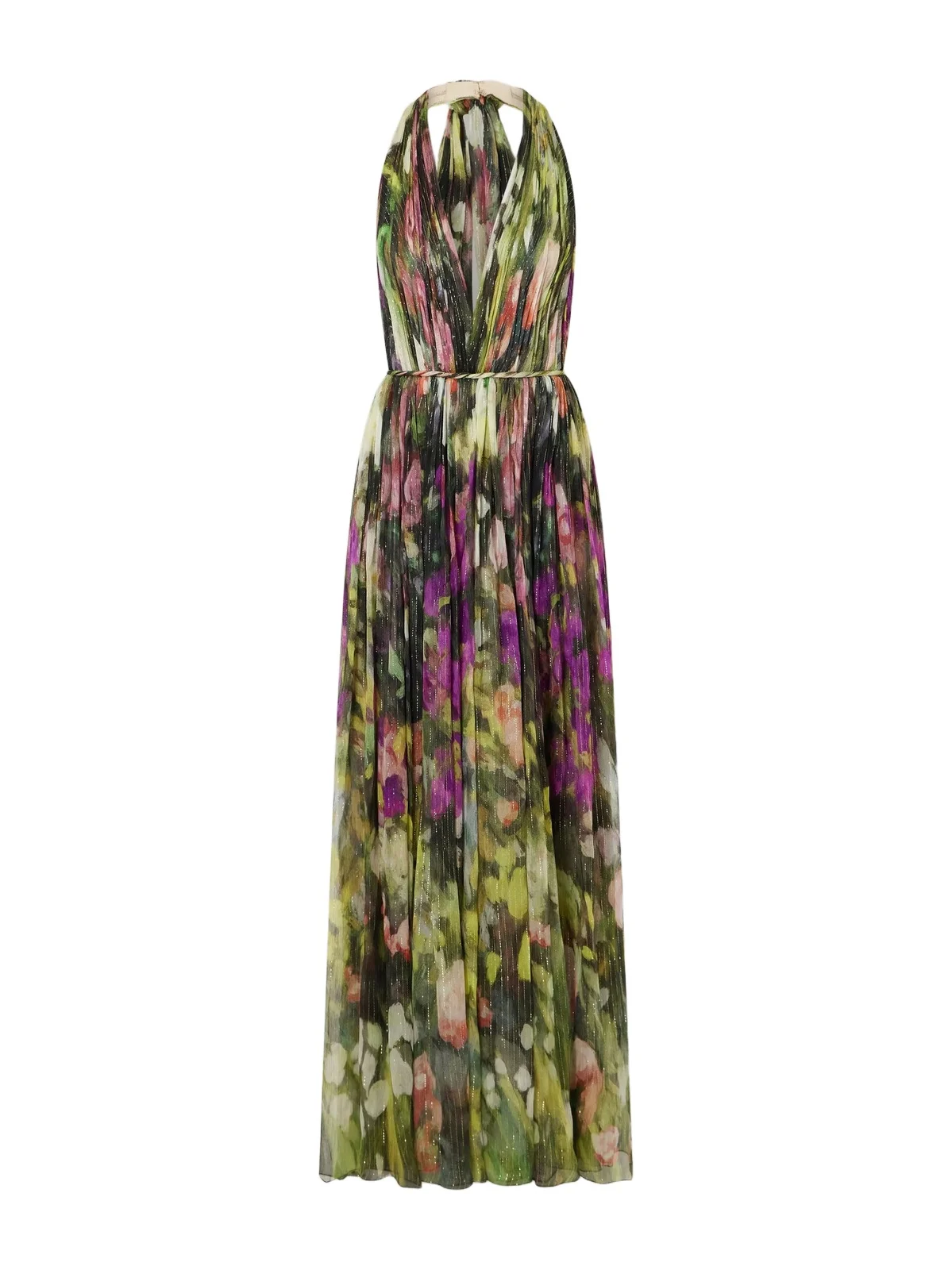 Oscar de la Renta Belted Tie-detailed Floral-print Silk-blend Chiffon Halterneck Gown