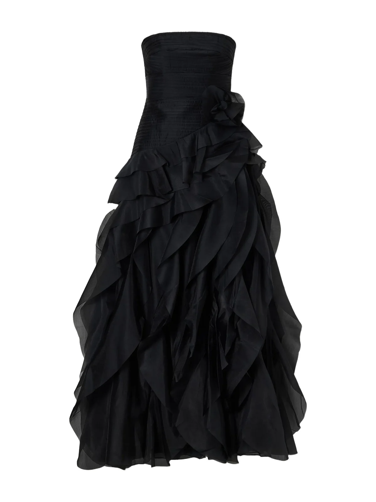 Canyon Strapless Appliquéd Ruffled Plissé Chiffon Gown