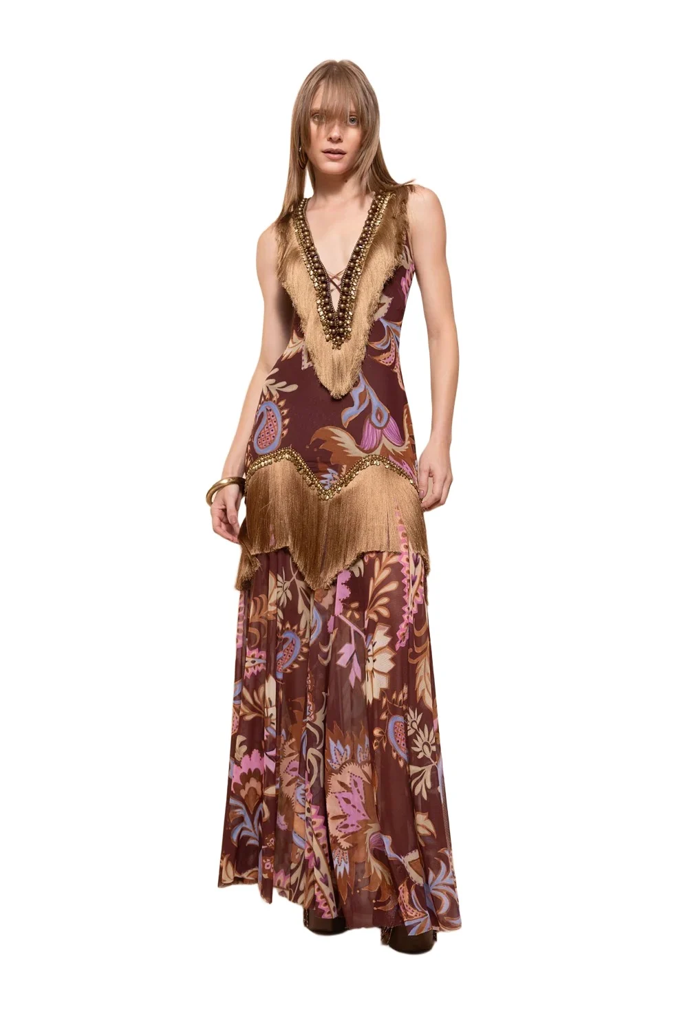 BOHO EMBELLISHED FRINGE GOWN BOHO EMBELLISHED FRINGE GOWN