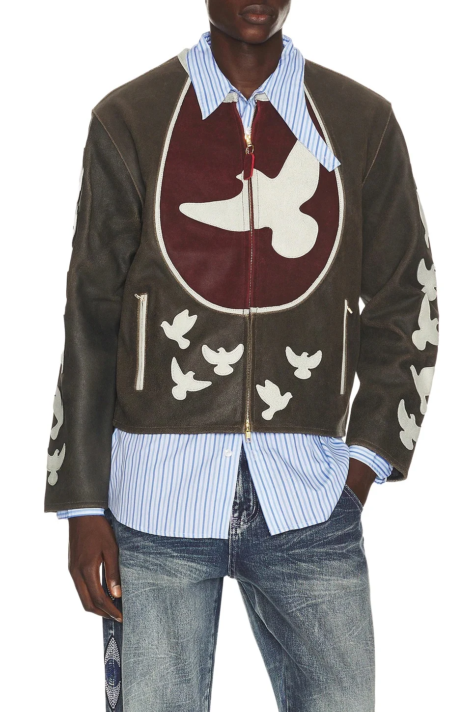 KidSuper Doves Distressed Leather Moto Jacket