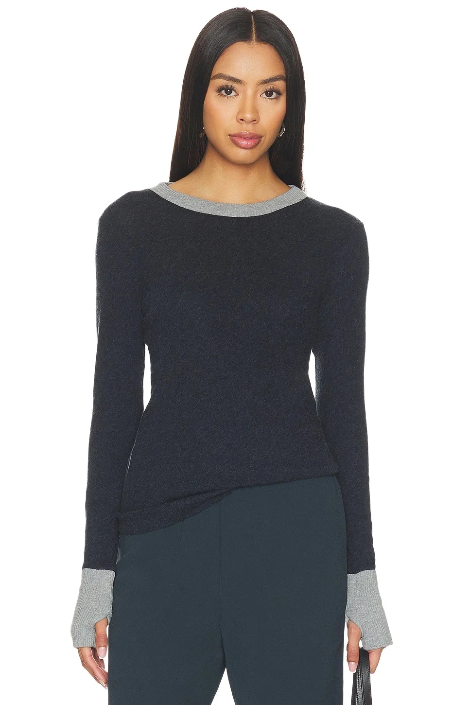 ENZA COSTA Cashmere Jersey Contrast Easy Cuffed Crew
