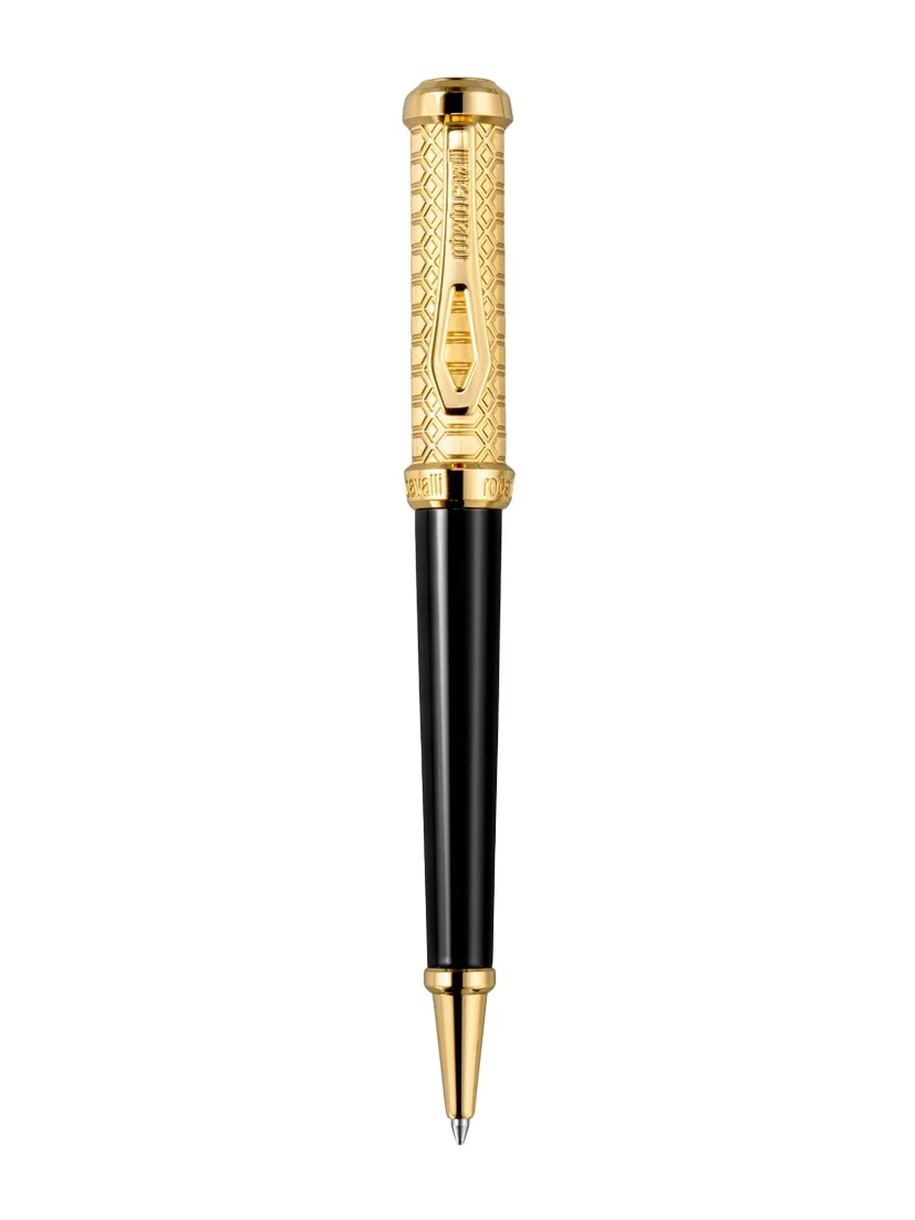 Roberto Cavalli Roberto Cavalli Ballpoint Snake Pen, Yellow Gold Color & Black Lacquer