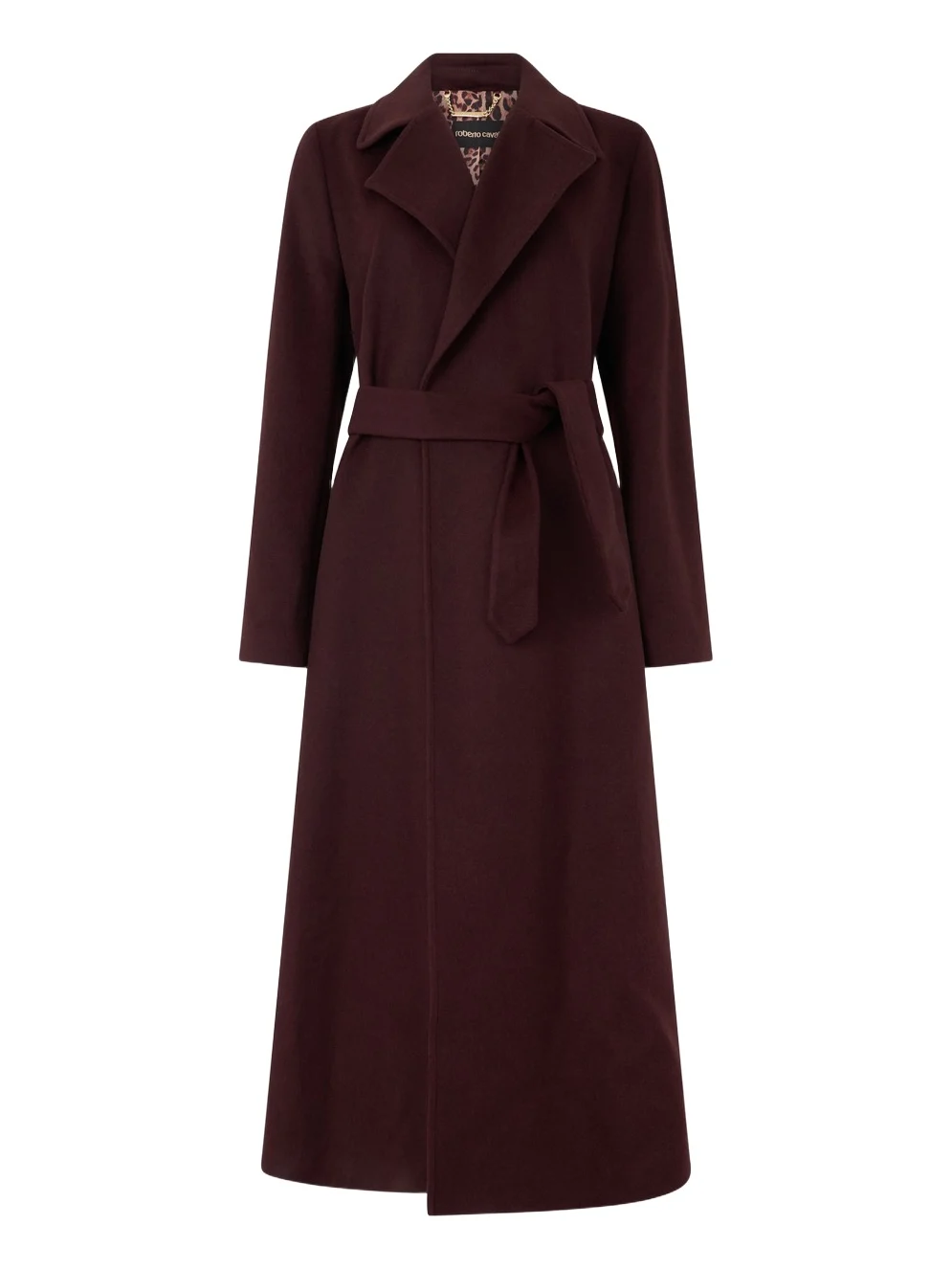 Roberto Cavalli Burgundy Belted Coat With Leopard Print Lining