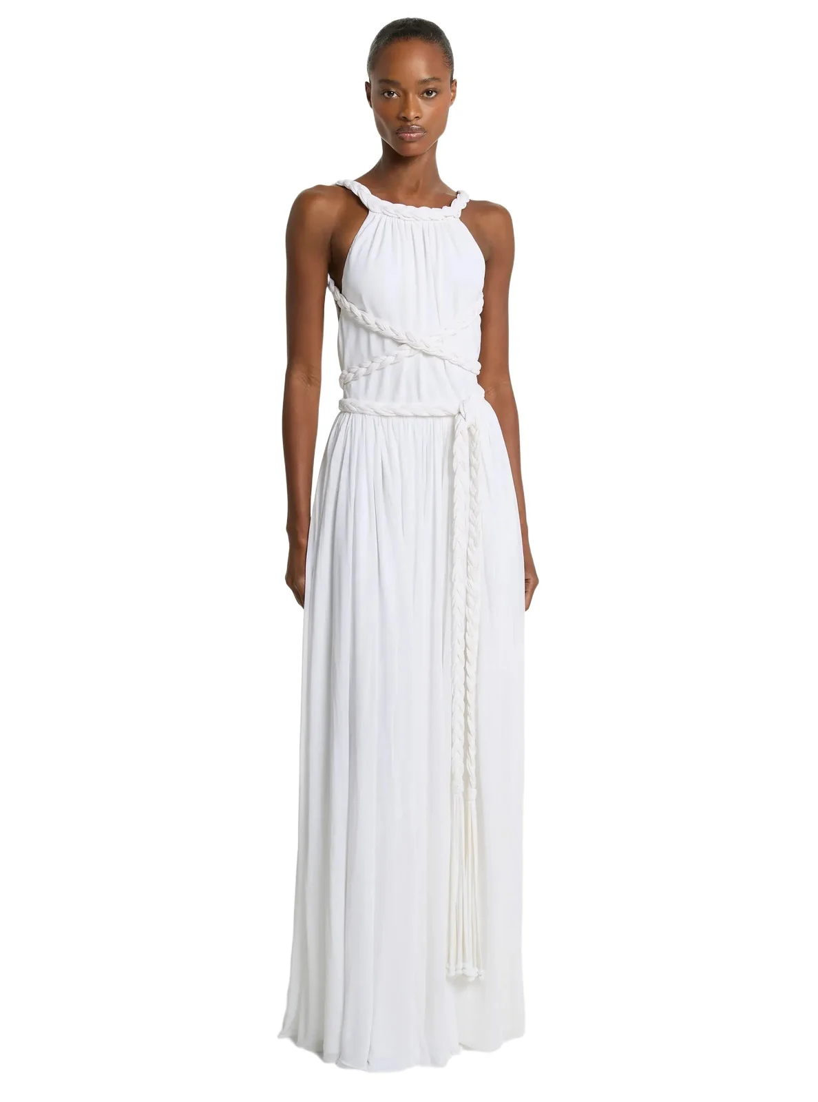 Crepe Jersey Braided Halter Dress in White Crepe Jersey Braided Halter Dress in White