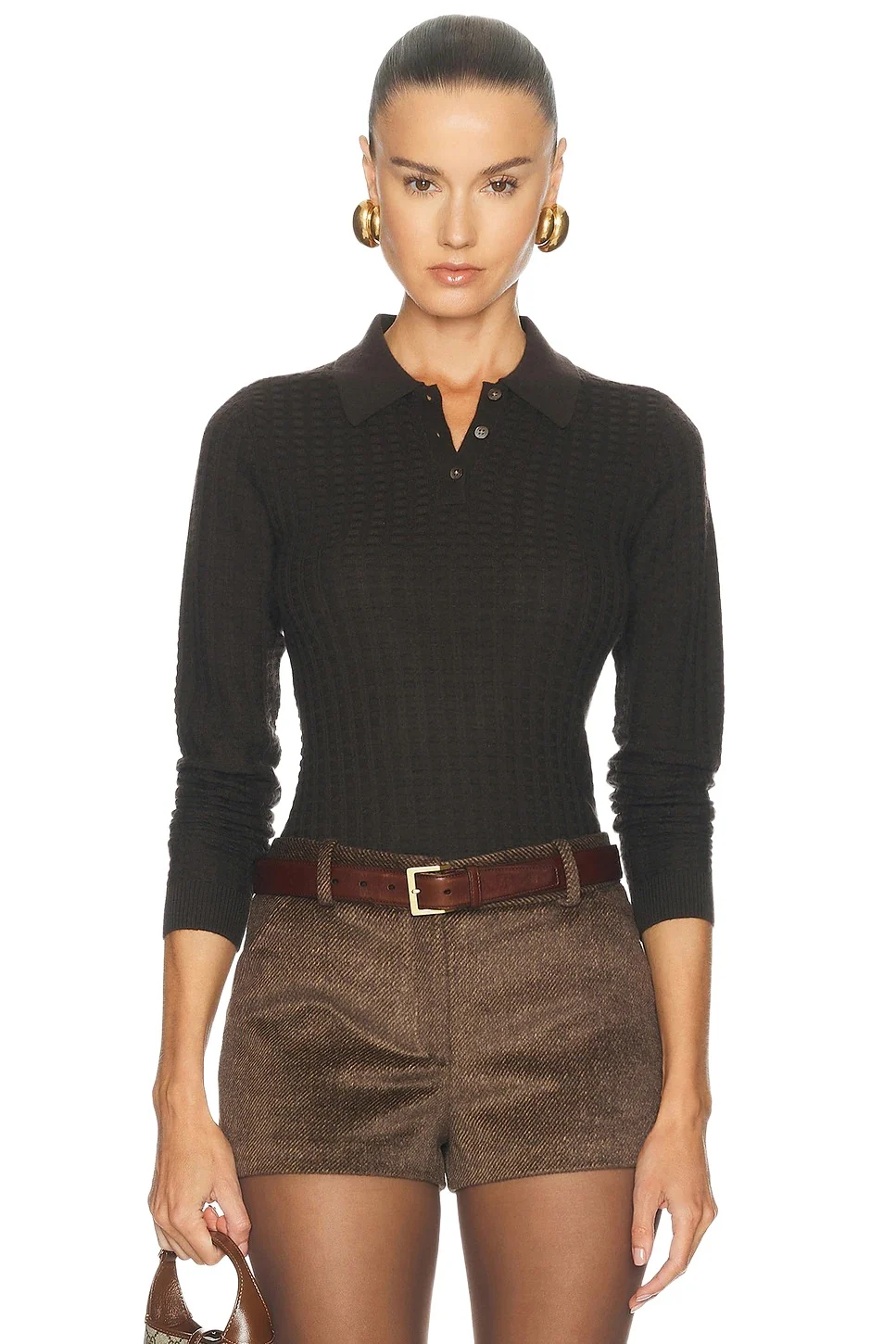 Long Sleeve Shrunken Waffle Polo Top Long Sleeve Shrunken Waffle Polo Top