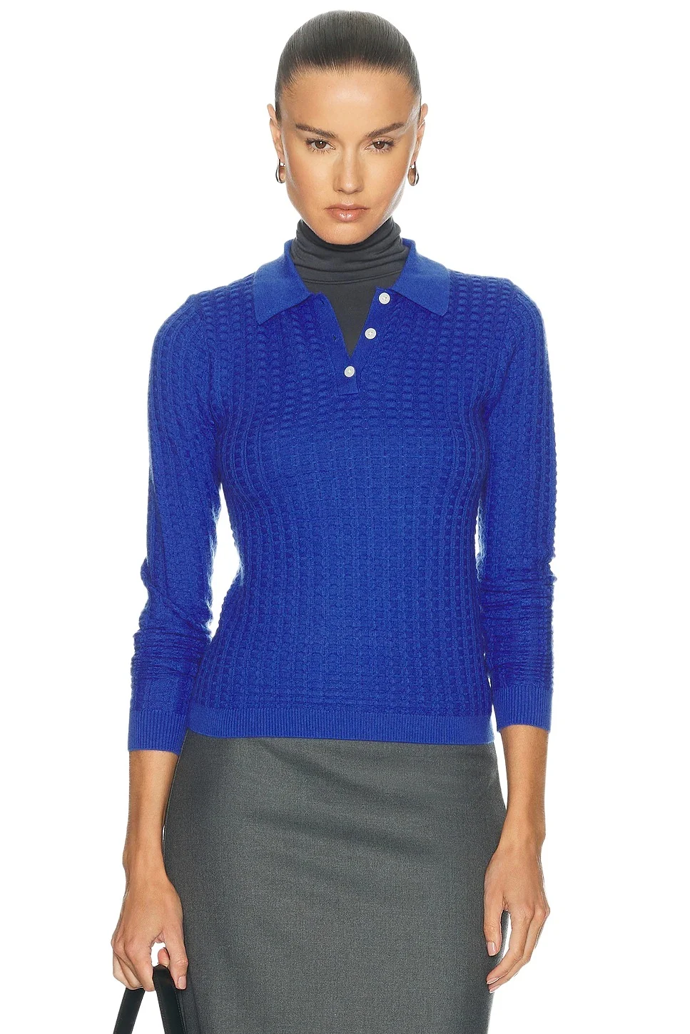 Long Sleeve Shrunken Waffle Polo Top Long Sleeve Shrunken Waffle Polo Top