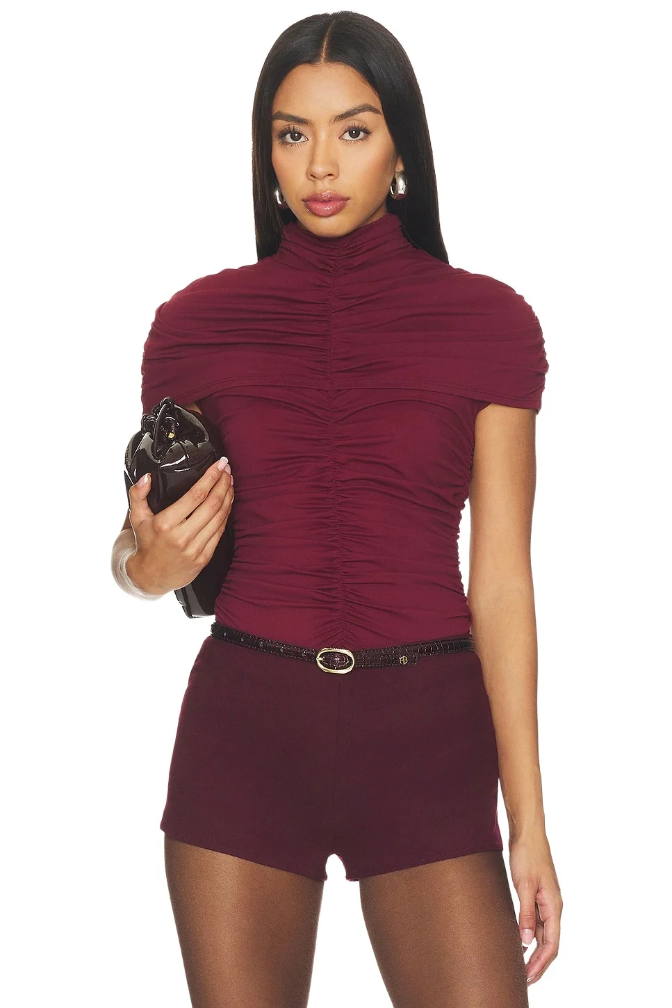 susana monaco Mock Neck Overlay Gathered Top